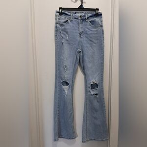 Trendy Light Blue Distressed Flare Jeans